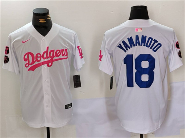 Los Angeles Dodgers #18 Yoshinobu Yamamoto White Pink Vin Kobe Patch Stitched Jersey - Click Image to Close